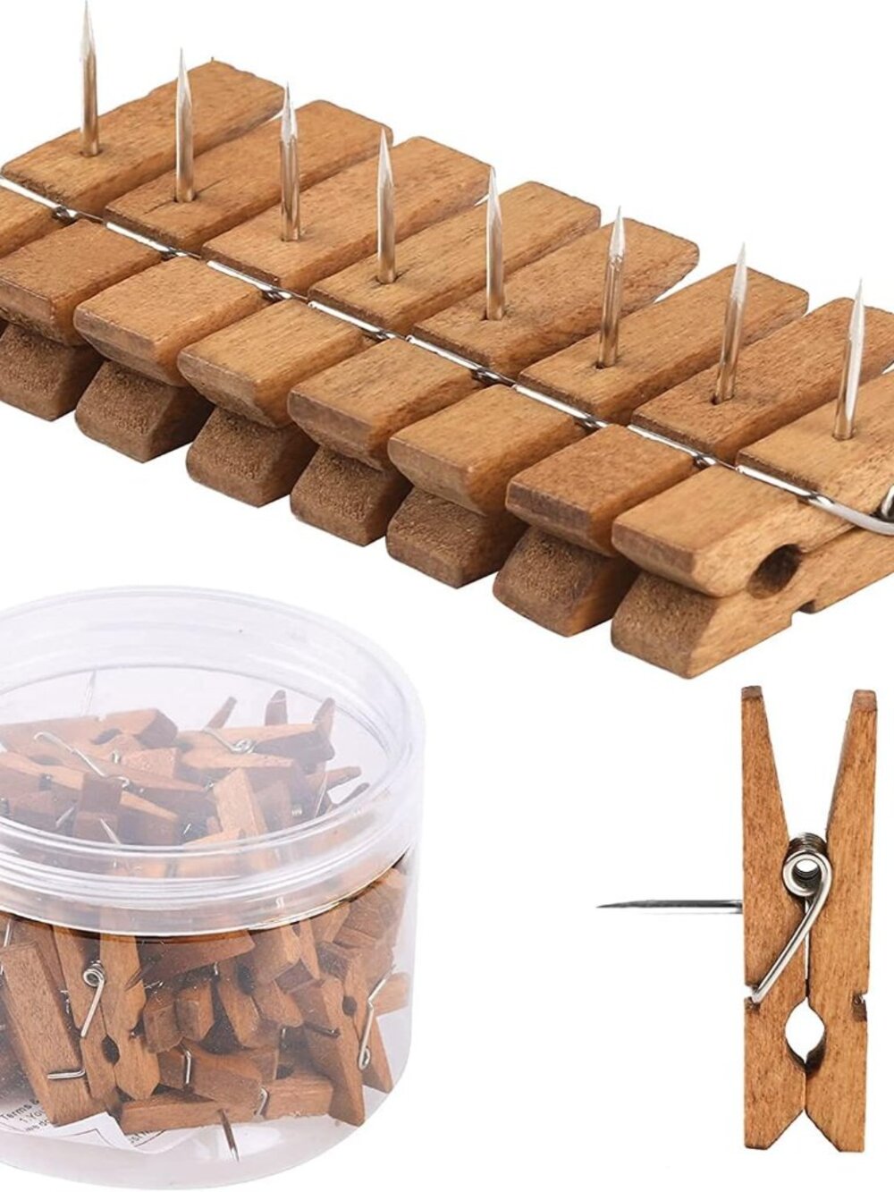 50 PCS Push Pin with Wooden Clips, Durable Wooden Push Pins, Decorative Pushpins